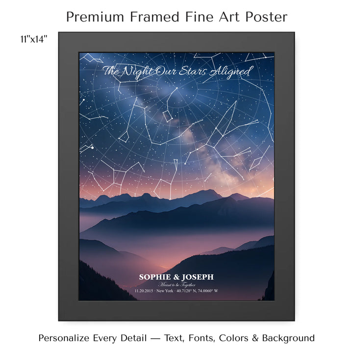 Personalized star map wall art with customizable background, title, names, date, location, and coordinates - 11x14 framed poster-ARTFULANE
