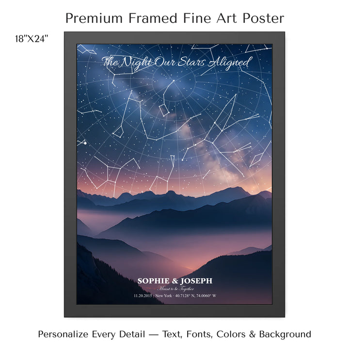 Personalized star map wall art with customizable background, title, names, date, location, and coordinates - 18x24 framed poster-ARTFULANE