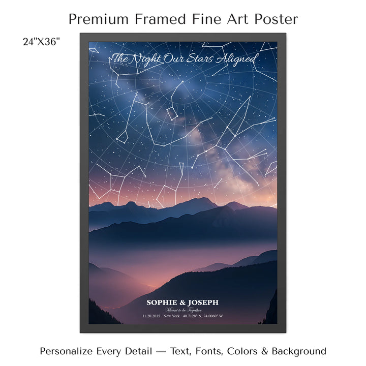 Personalized star map wall art with customizable background, title, names, date, location, and coordinates - 24x36 framed poster-ARTFULANE