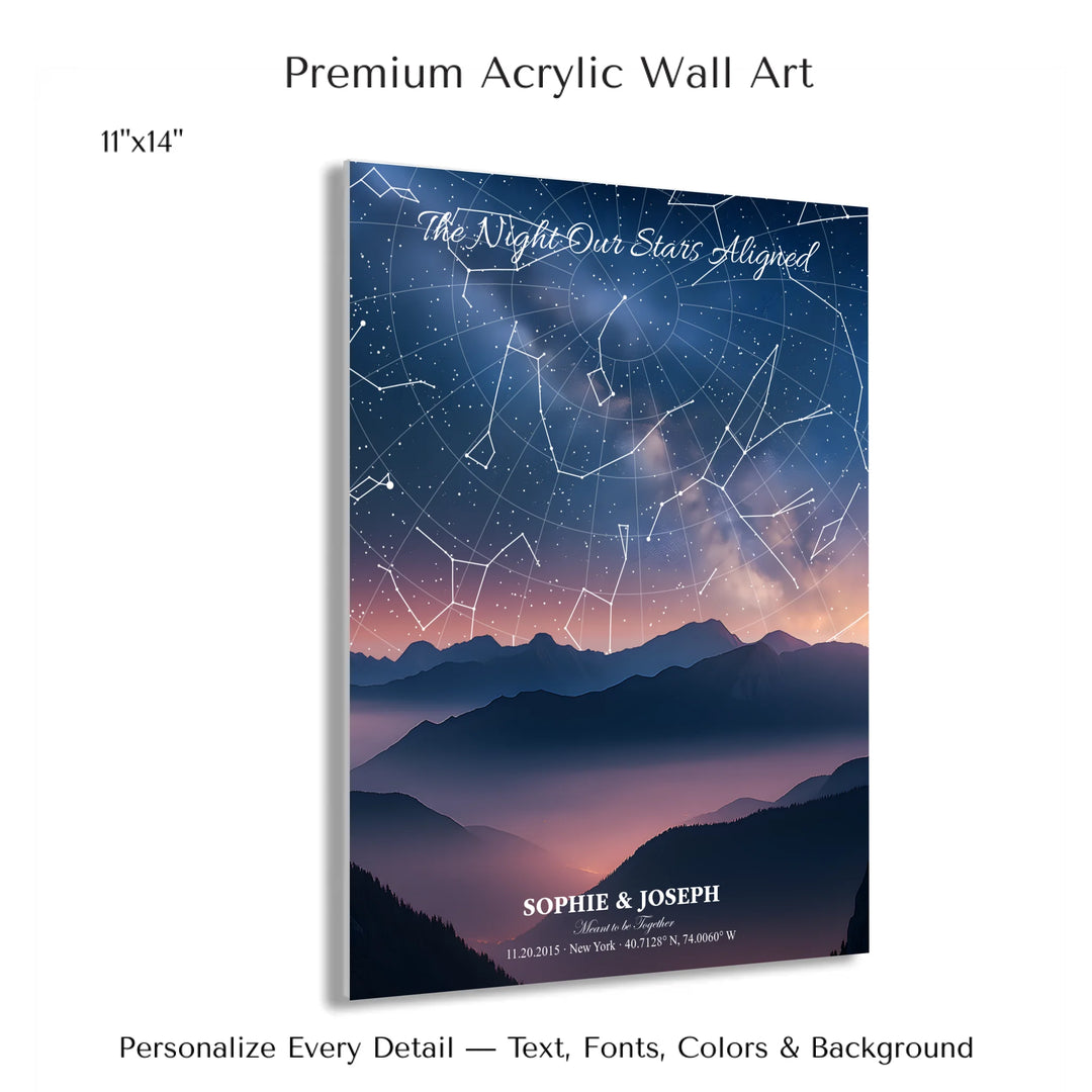 Personalized star map wall art with customizable background, title, names, date, location, and coordinates - 11x14 acrylic print with french cleat-ARTFULANE