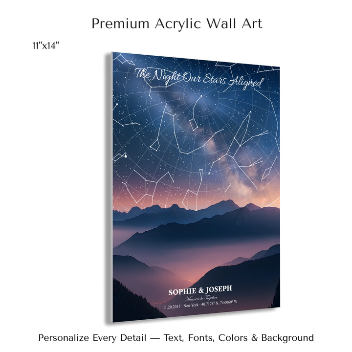 Personalized star map wall art with customizable background, title, names, date, location, and coordinates - 11x14 acrylic print with french cleat-ARTFULANE