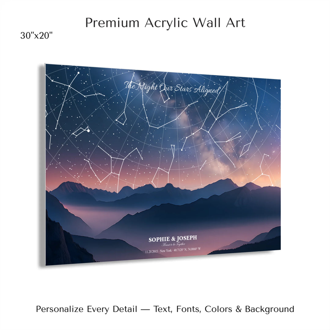 Personalized star map wall art with customizable background, title, names, date, location, and coordinates - 30x20 acrylic print with french cleat-ARTFULANE