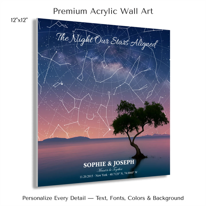 Personalized star map wall art with customizable background, title, names, date, location, and coordinates - 12x12 acrylic print with french cleat-ARTFULANE