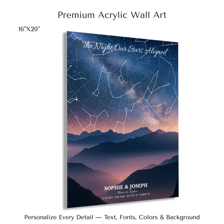 Personalized star map wall art with customizable background, title, names, date, location, and coordinates - 16x20 acrylic print with french cleat-ARTFULANE