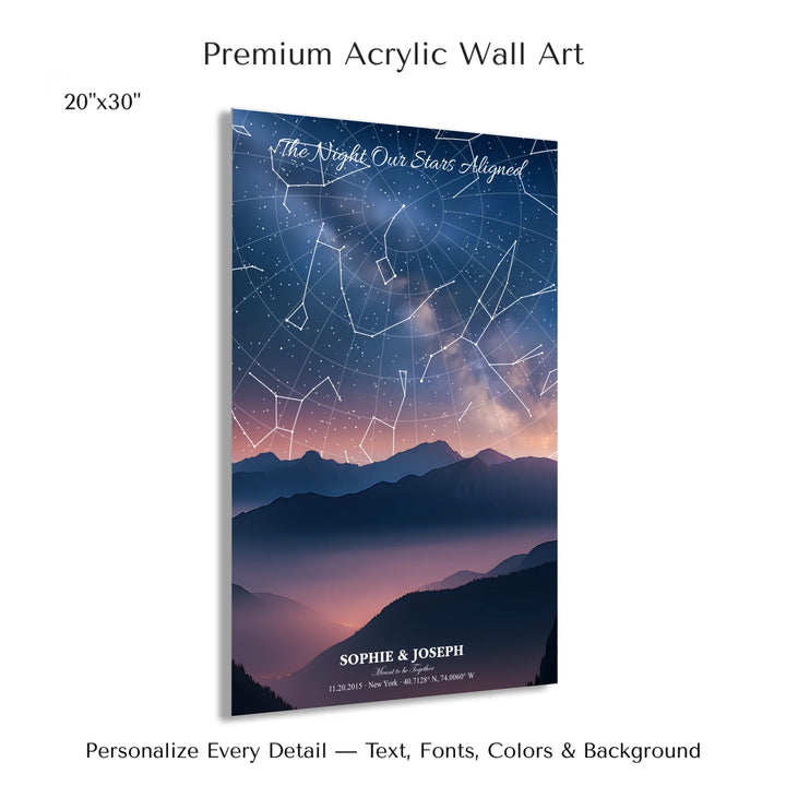 Personalized star map wall art with customizable background, title, names, date, location, and coordinates - 20x30 acrylic print with french cleat-ARTFULANE