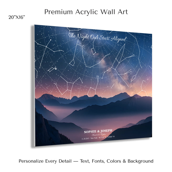Personalized star map wall art with customizable background, title, names, date, location, and coordinates - 20x16 acrylic print with french cleat-ARTFULANE