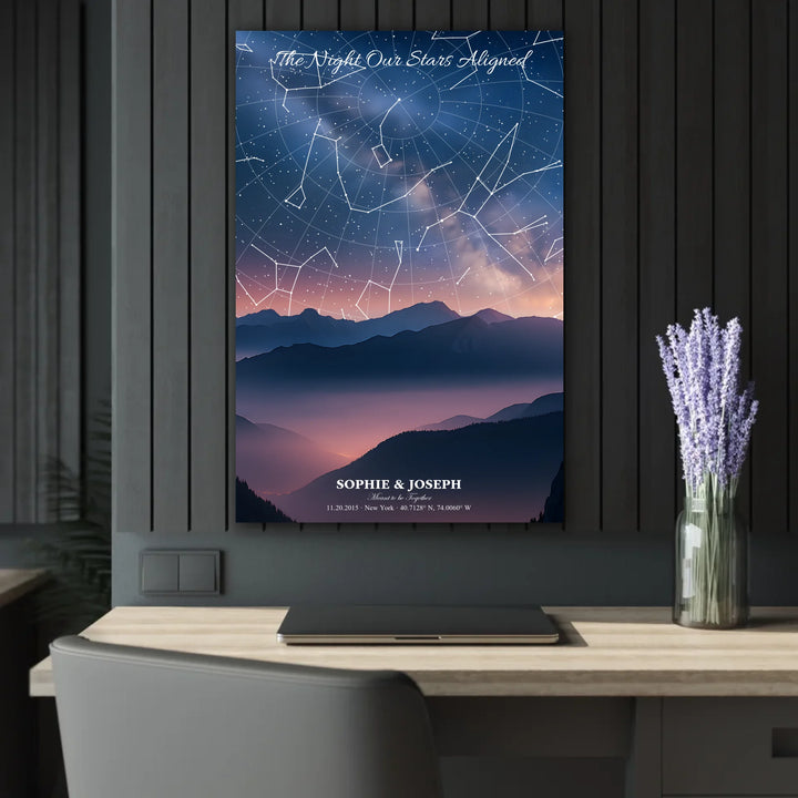 Personalized star map wall art with customizable background, title, names, date, location, and coordinates - 24x36 acrylic print french with cleat context-ARTFULANE