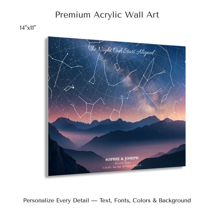 Personalized star map wall art with customizable background, title, names, date, location, and coordinates - 14x11 acrylic print with french cleat-ARTFULANE