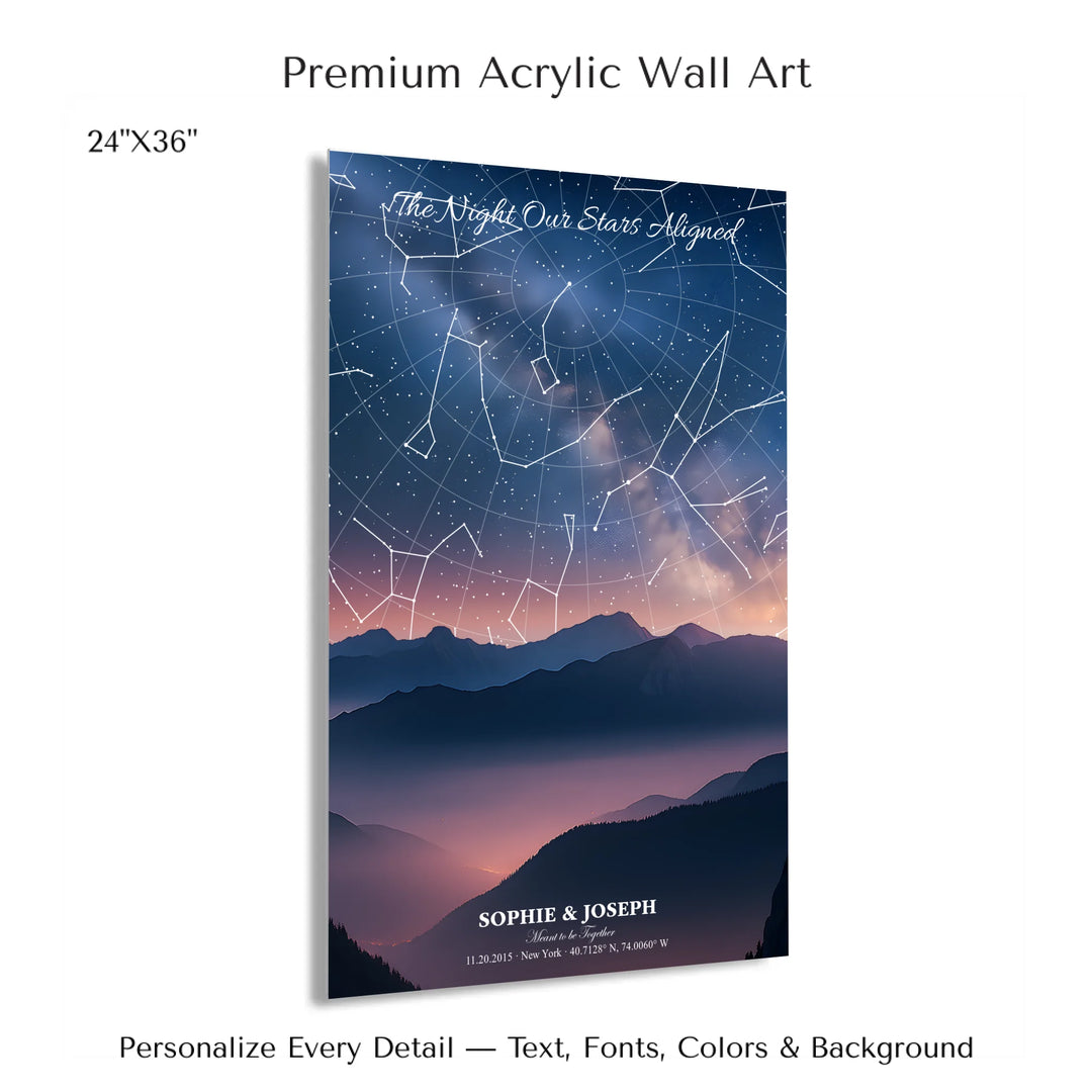 Personalized star map wall art with customizable background, title, names, date, location, and coordinates - 24x36 acrylic print with french cleat-ARTFULANE