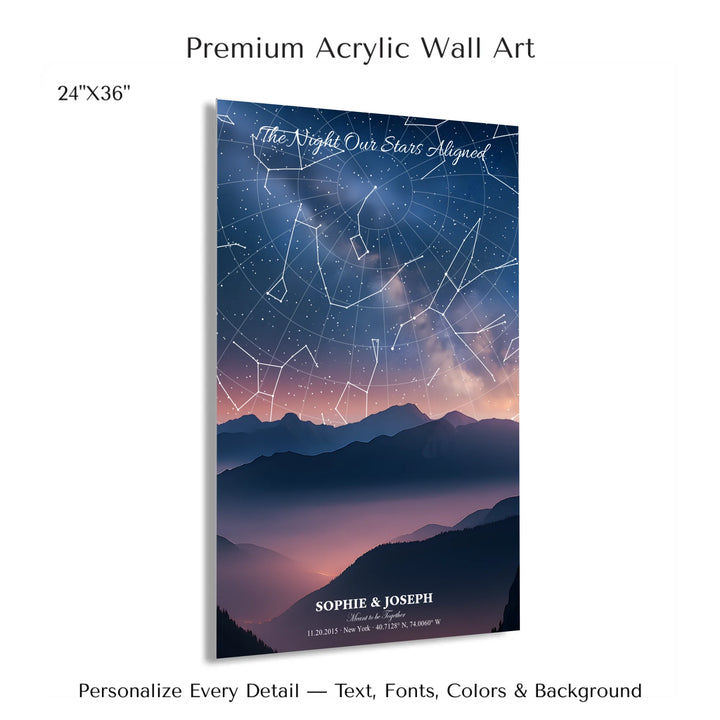 Personalized star map wall art with customizable background, title, names, date, location, and coordinates - 24x36 acrylic print with french cleat-ARTFULANE