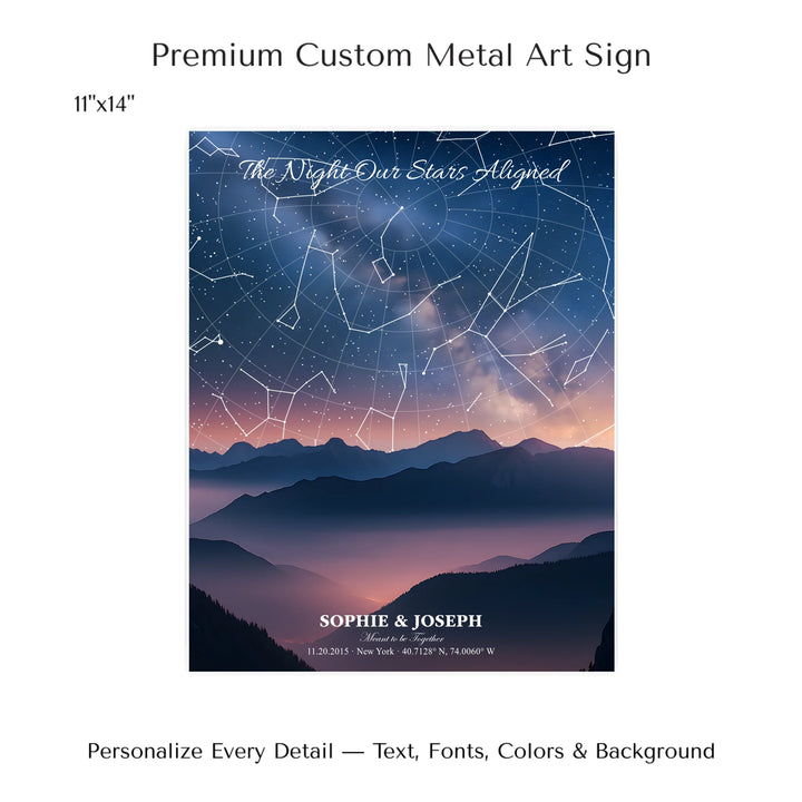 Personalized star map wall art with customizable background, title, names, date, location, and coordinates - 11x14 metal art sign-ARTFULANE