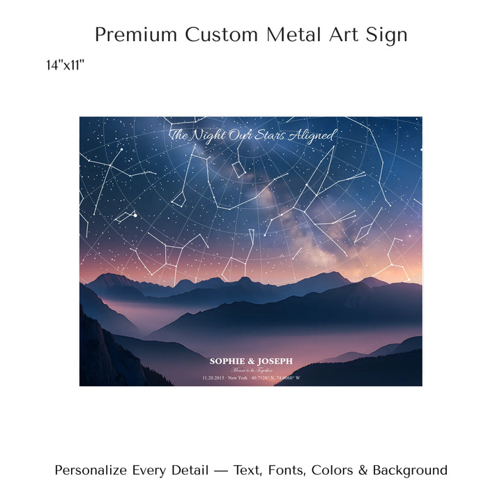Personalized star map wall art with customizable background, title, names, date, location, and coordinates - 14x11 metal art sign-ARTFULANE