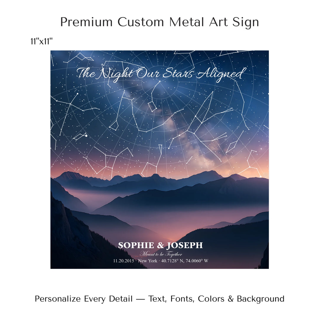Personalized star map wall art with customizable background, title, names, date, location, and coordinates - 11x11 metal art sign-ARTFULANE