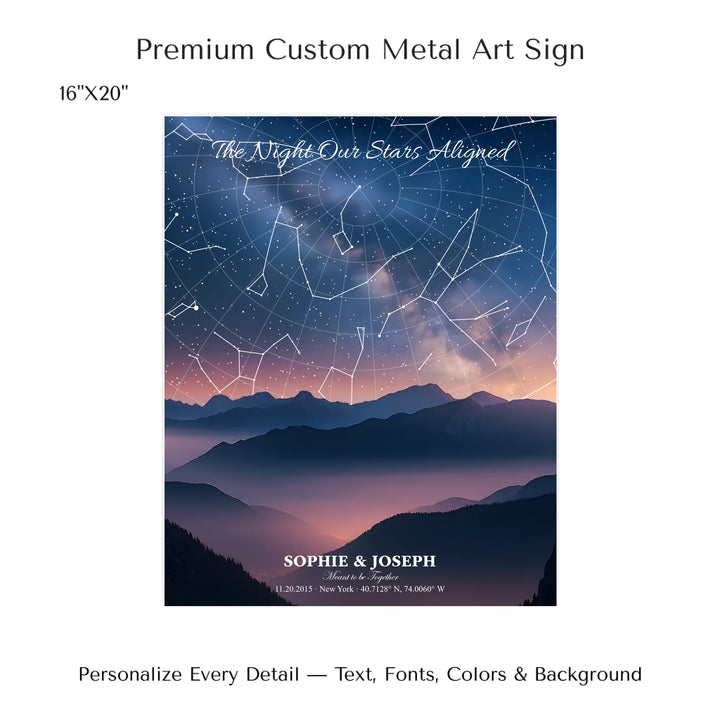 Personalized star map wall art with customizable background, title, names, date, location, and coordinates - 16x20 metal art sign-ARTFULANE