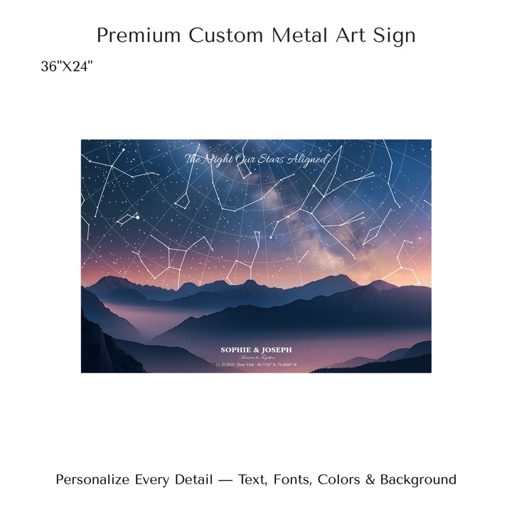 Personalized star map wall art with customizable background, title, names, date, location, and coordinates - 36x24 metal art sign-ARTFULANE