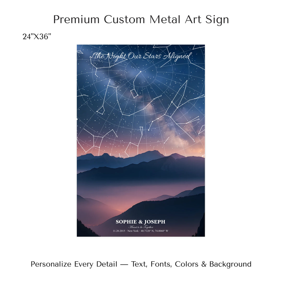 Personalized star map wall art with customizable background, title, names, date, location, and coordinates - 24x36 metal art sign-ARTFULANE