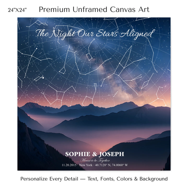 Personalized star map wall art with customizable background, title, names, date, location, and coordinates - 24x24 stretched canvas-ARTFULANE