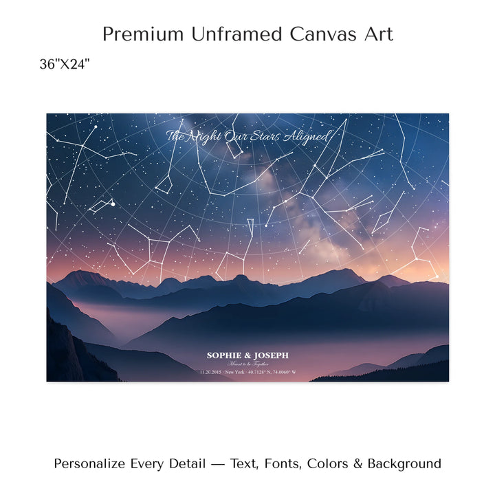 Personalized star map wall art with customizable background, title, names, date, location, and coordinates - 36x24 stretched canvas-ARTFULANE