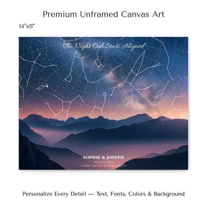 Personalized star map wall art with customizable background, title, names, date, location, and coordinates - 14x11 stretched canvas-ARTFULANE