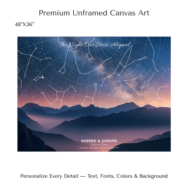 Personalized star map wall art with customizable background, title, names, date, location, and coordinates - 48x36 stretched canvas-ARTFULANE