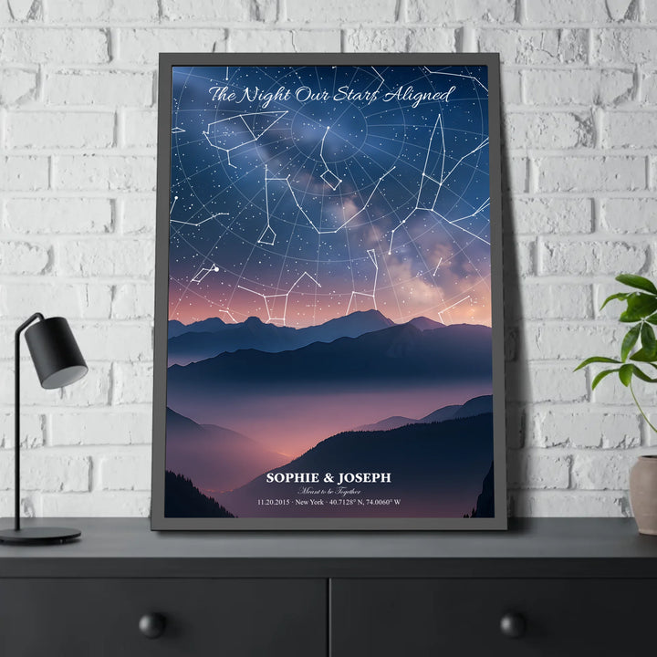 Personalized star map wall art with customizable background, title, names, date, location, and coordinates - 28x40 framed poster on table-ARTFULANE