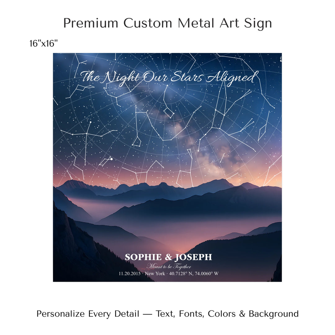 Personalized star map wall art with customizable background, title, names, date, location, and coordinates - 16x16 metal art sign-ARTFULANE