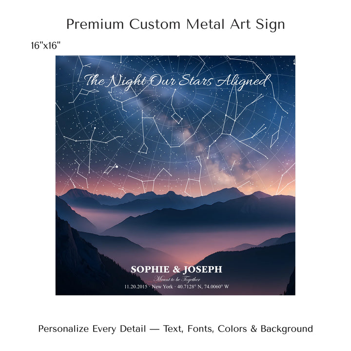 Personalized star map wall art with customizable background, title, names, date, location, and coordinates - 16x16 metal art sign-ARTFULANE