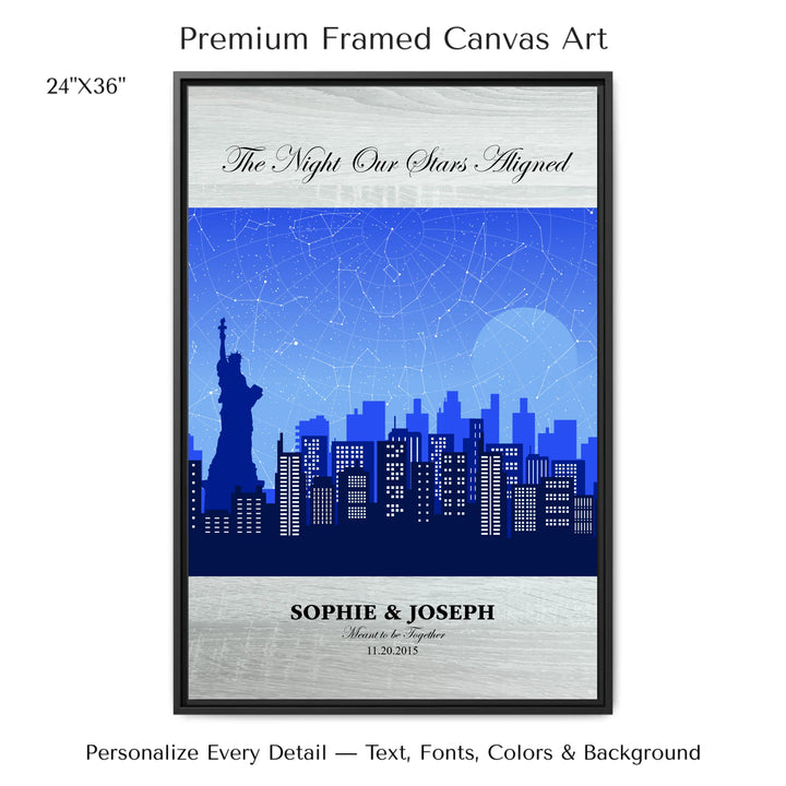 Custom star map wall art with New York City skyline background, personalized with names, date, and constellation layout - 24x36 framed canvas-ARTFULANE