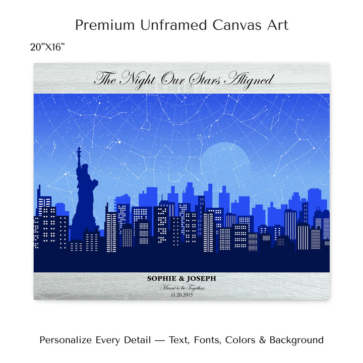 Custom star map wall art with New York City skyline background, personalized with names, date, and constellation layout - 20x16 stretched canvas-ARTFULANE