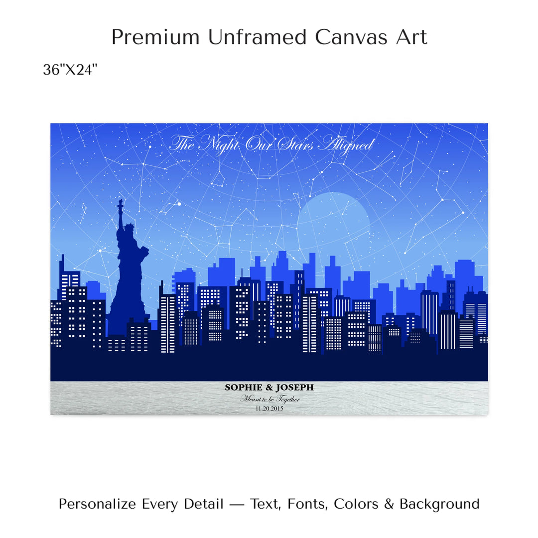Custom star map wall art with New York City skyline background, personalized with names, date, and constellation layout - 36x24 stretched canvas-ARTFULANE