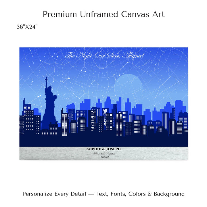 Custom star map wall art with New York City skyline background, personalized with names, date, and constellation layout - 36x24 stretched canvas-ARTFULANE
