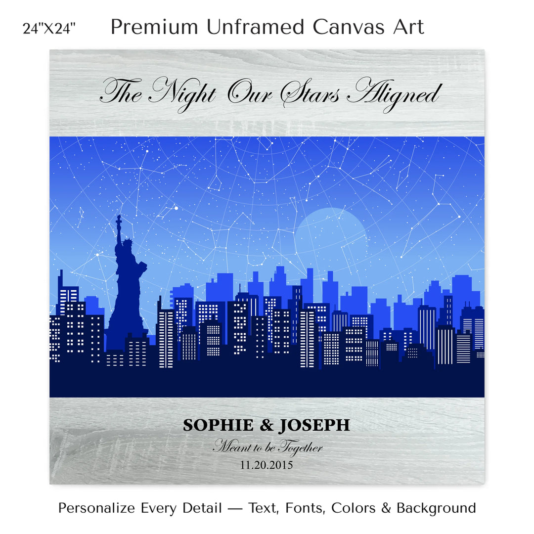 Custom star map wall art with New York City skyline background, personalized with names, date, and constellation layout - 24x24 stretched canvas-ARTFULANE
