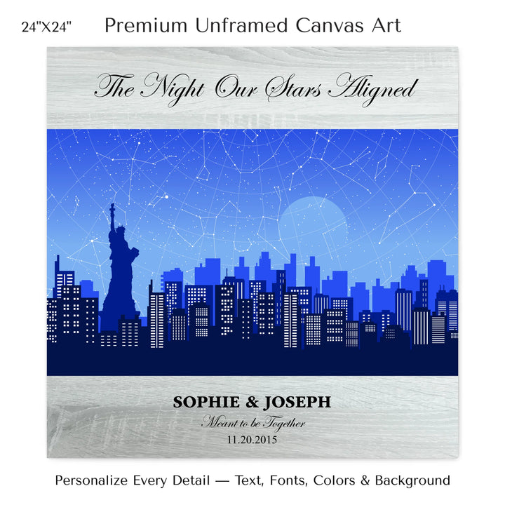 Custom star map wall art with New York City skyline background, personalized with names, date, and constellation layout - 24x24 stretched canvas-ARTFULANE