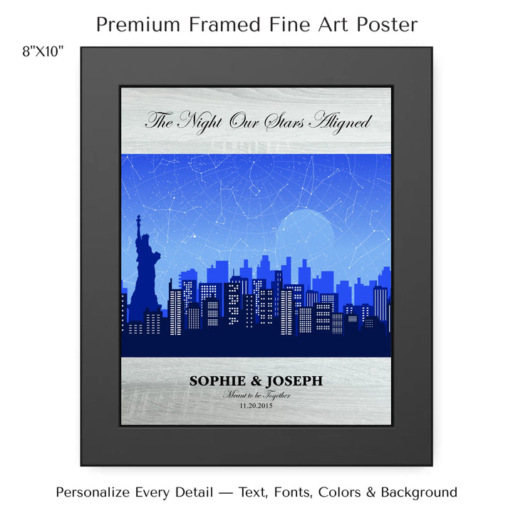 Custom star map wall art with New York City skyline background, personalized with names, date, and constellation layout - 8x10 framed poster-ARTFULANE