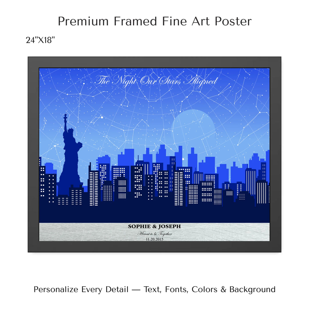 Custom star map wall art with New York City skyline background, personalized with names, date, and constellation layout - 24x18 framed poster-ARTFULANE