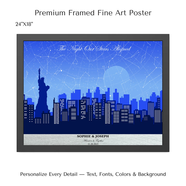 Custom star map wall art with New York City skyline background, personalized with names, date, and constellation layout - 24x18 framed poster-ARTFULANE