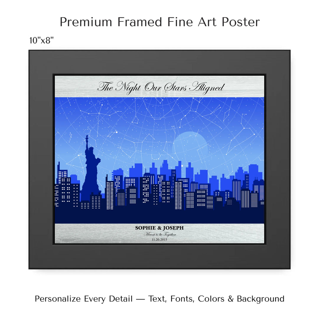 Custom star map wall art with New York City skyline background, personalized with names, date, and constellation layout - 10x8 framed poster-ARTFULANE