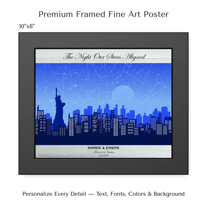 Custom star map wall art with New York City skyline background, personalized with names, date, and constellation layout - 10x8 framed poster-ARTFULANE