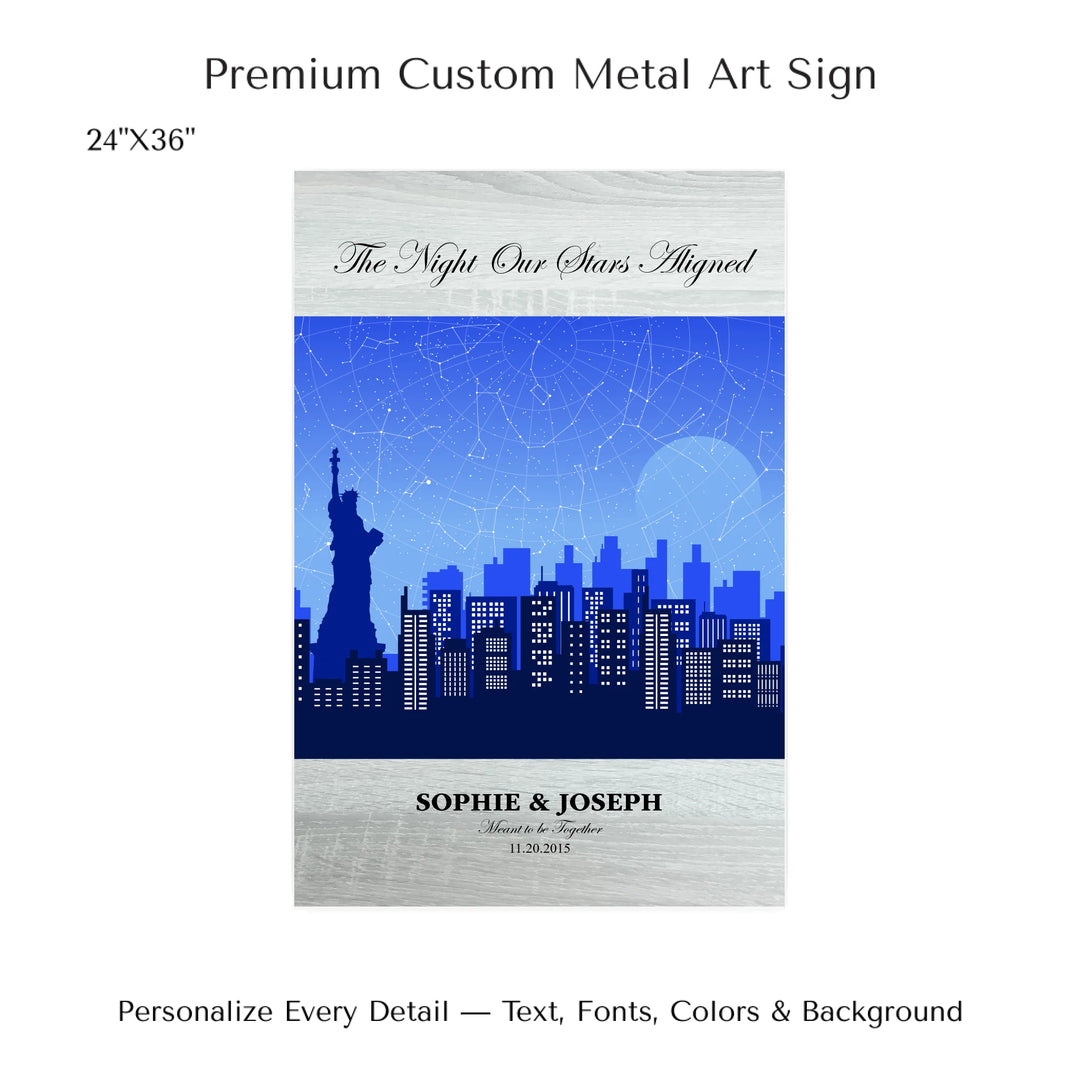 Custom star map wall art with New York City skyline background, personalized with names, date, and constellation layout - 24x36 metal art sign-ARTFULANE
