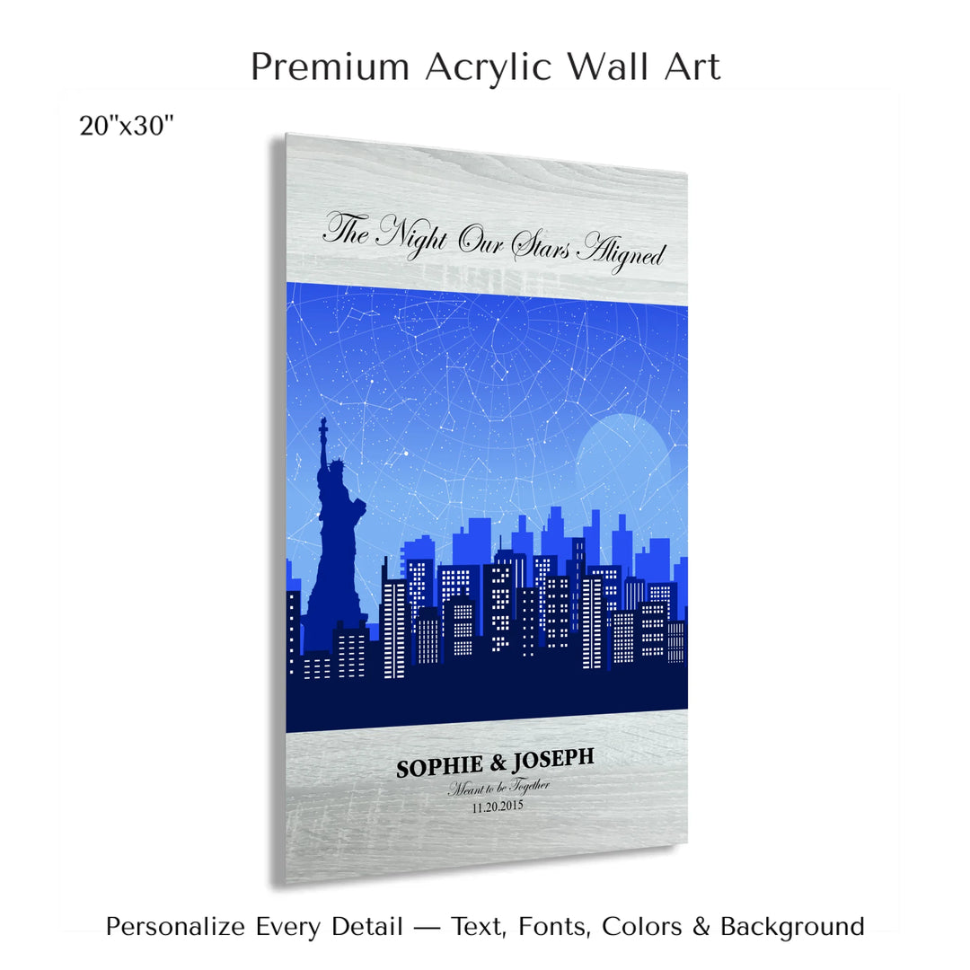 Custom star map wall art with New York City skyline background, personalized with names, date, and constellation layout - 20x30 acrylic print with french cleat-ARTFULANE