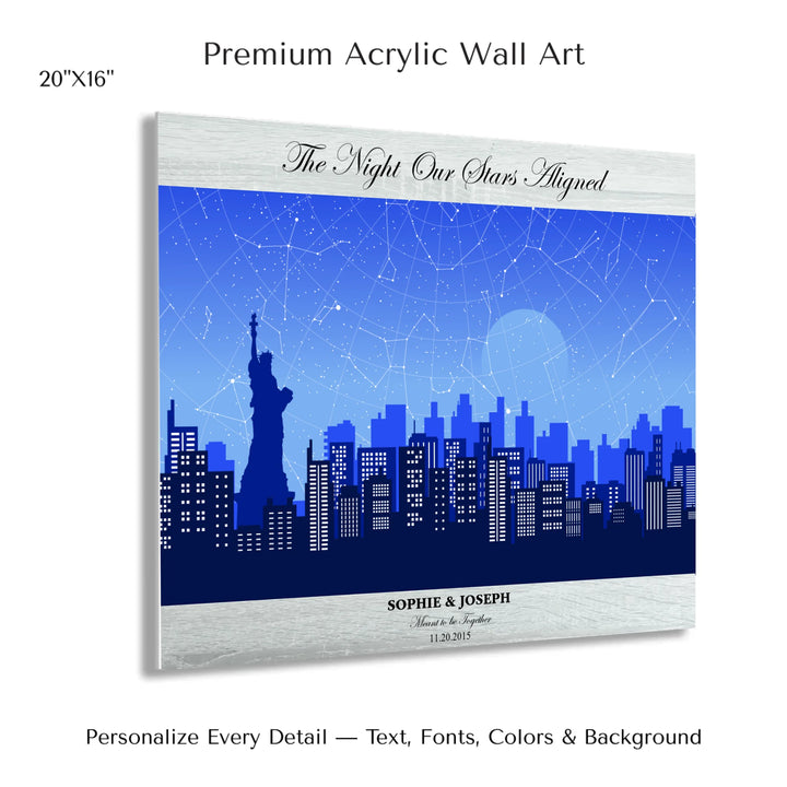 Custom star map wall art with New York City skyline background, personalized with names, date, and constellation layout - 20x16 acrylic print with french cleat-ARTFULANE