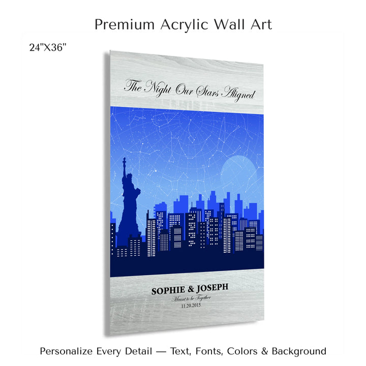 Custom star map wall art with New York City skyline background, personalized with names, date, and constellation layout - 24x36 acrylic print with french cleat-ARTFULANE