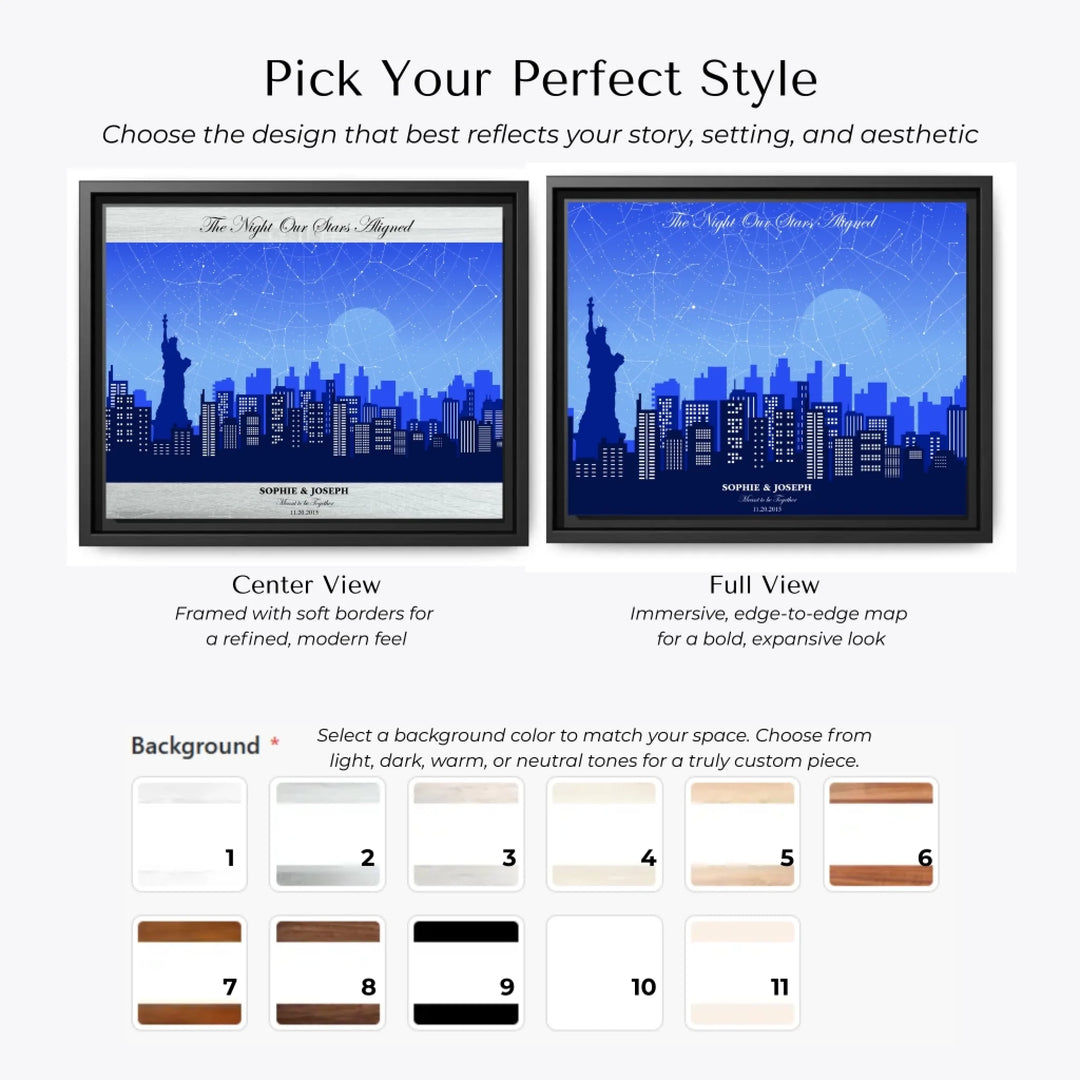 Custom star map wall art with New York City skyline background, personalized with names, date, and constellation layout -  Choose Your Map Style-ARTFULANE