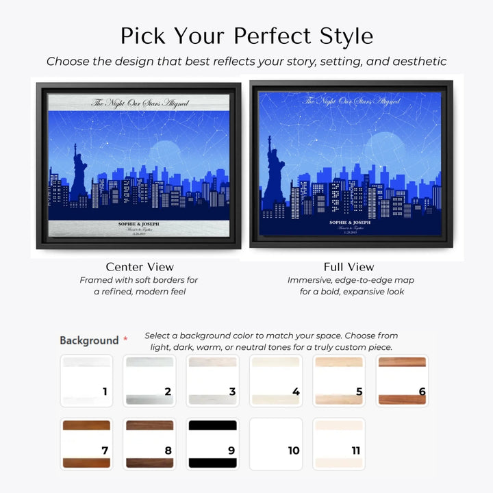 Custom star map wall art with New York City skyline background, personalized with names, date, and constellation layout -  Choose Your Map Style-ARTFULANE