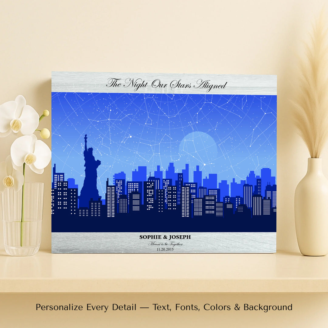 Custom star map wall art with New York City skyline background, personalized with names, date, and constellation layout - horizontal unframed canvas-ARTFULANE