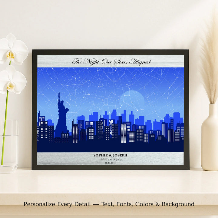Custom star map wall art with New York City skyline background, personalized with names, date, and constellation layout - framed canvas on shelf-ARTFULANE