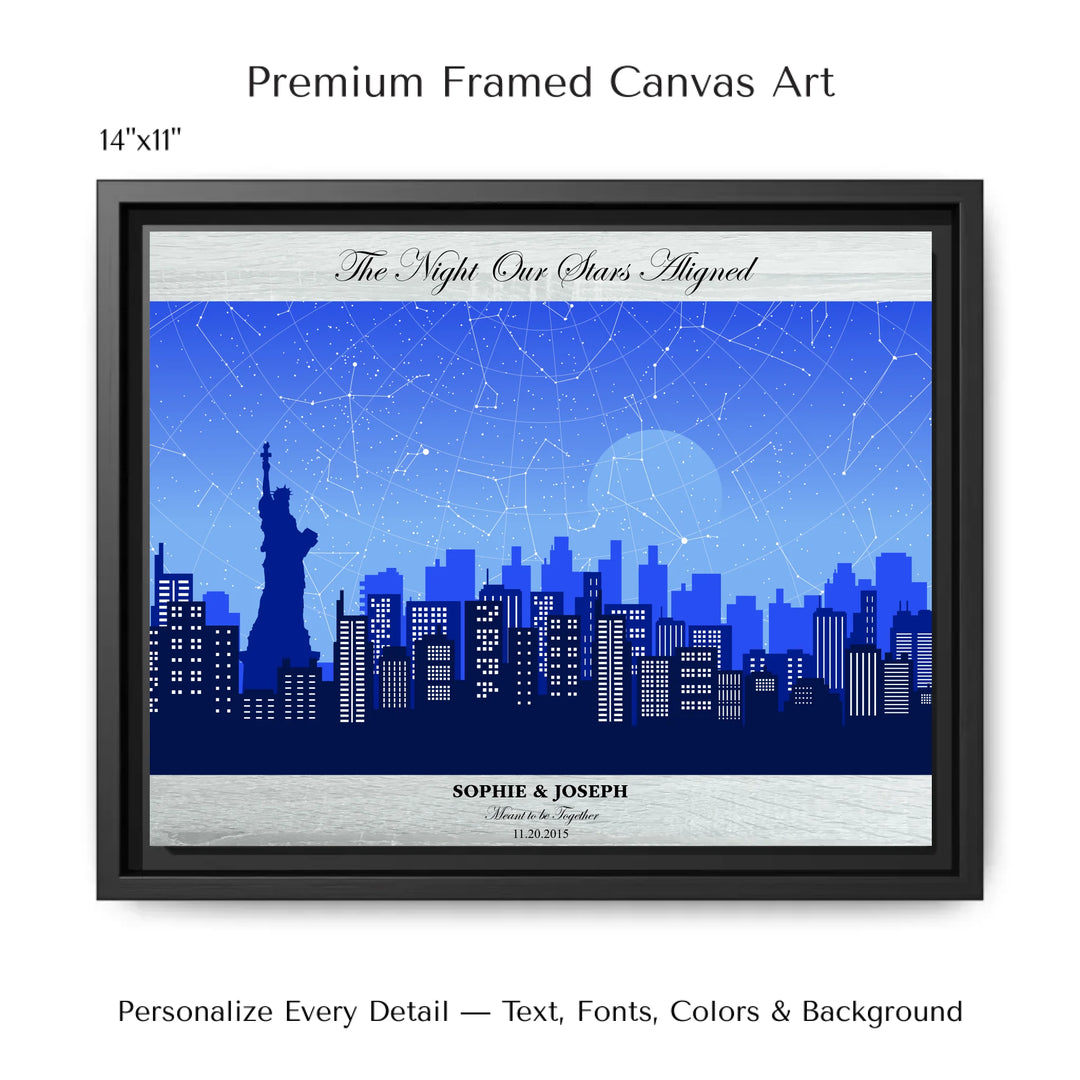 Custom star map wall art with New York City skyline background, personalized with names, date, and constellation layout - 14x11 framed canvas-ARTFULANE