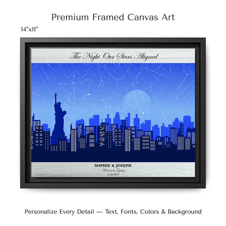Custom star map wall art with New York City skyline background, personalized with names, date, and constellation layout - 14x11 framed canvas-ARTFULANE
