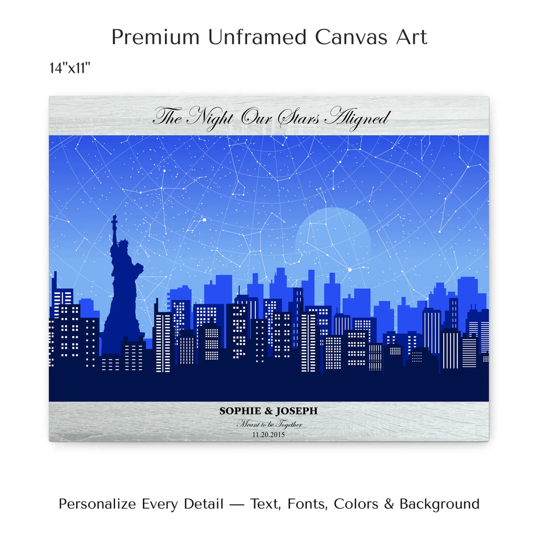 Custom star map wall art with New York City skyline background, personalized with names, date, and constellation layout - 14x11 stretched canvas-ARTFULANE