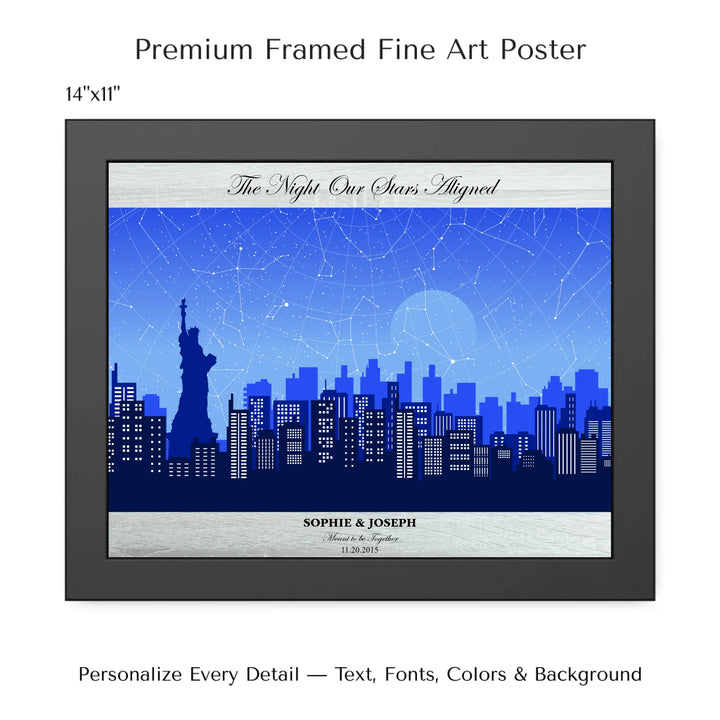 Custom star map wall art with New York City skyline background, personalized with names, date, and constellation layout - 14x11 framed poster-ARTFULANE